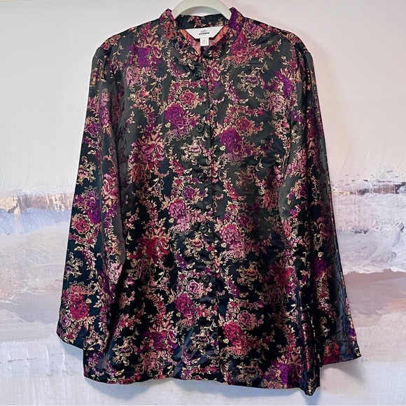 Vtg Kimono Blazer Sz L Floral Brocade Tunic Jacket Mandarin Collar AKS Amy K Su - Picture 1 of 16